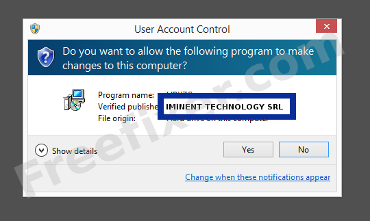 Screenshot where IMINENT TECHNOLOGY SRL appears as the verified publisher in the UAC dialog